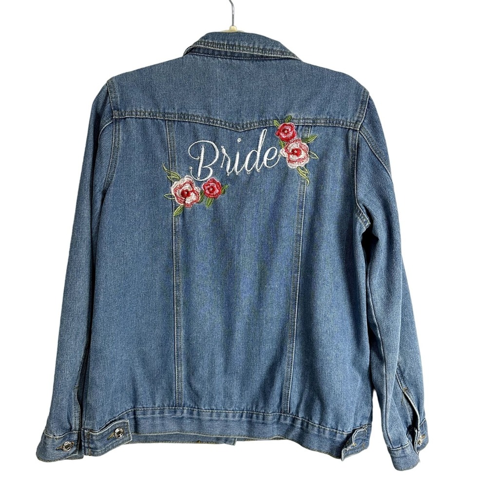 Davids Bridal "Bride" Jean Jacket‎ Womens Size Large Floral Rhinestone Denim